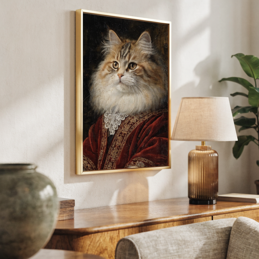 Custom pet portrait canvas with a Renaissance-style cat portrait hanging on a living room wall