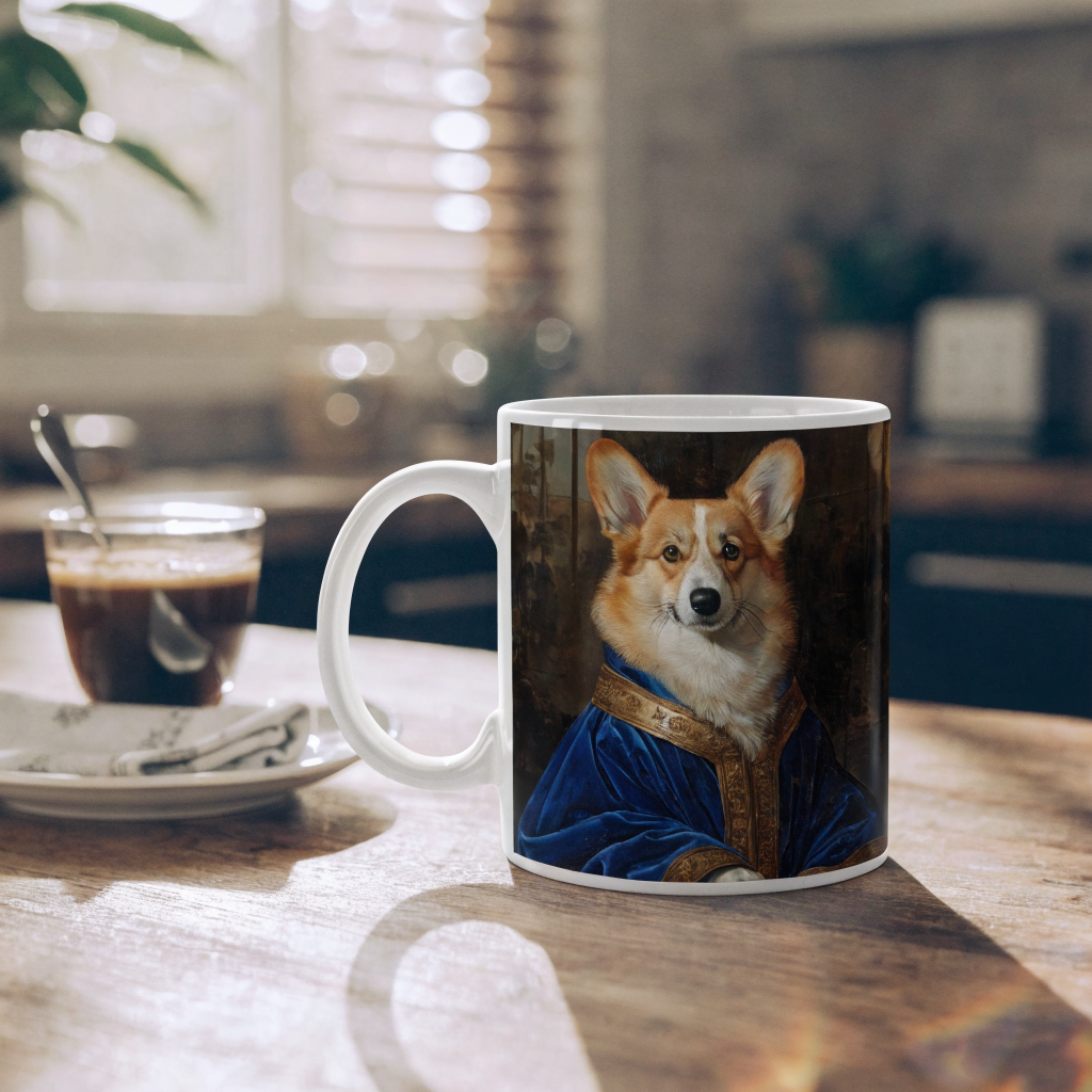 Custom pet portrait ceramic mug with a Renaissance-style corgi portrait on a sunlit kitchen counter